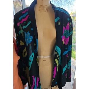 Alfred Dunner Vintage‎ Top Women Black Floral Boho Zip Up Size 14